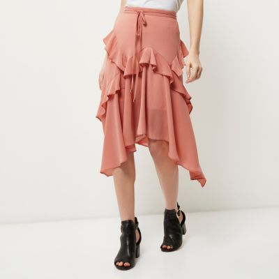 Pink frill front layered midi skirt